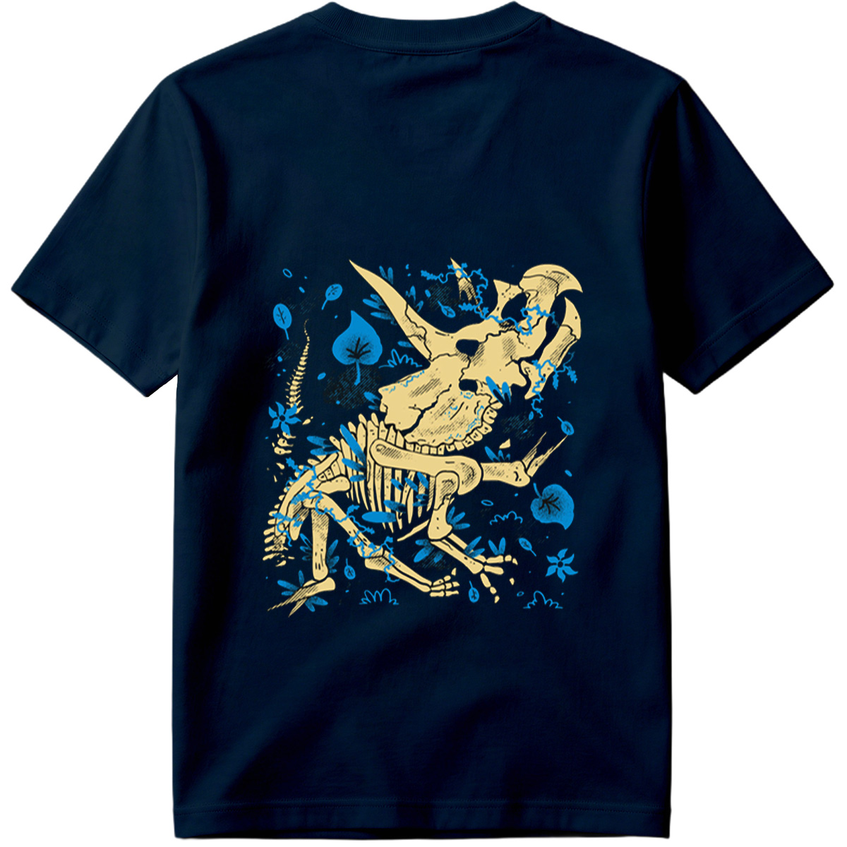 Triceratops Skeleton with Blue Leaves - Tee