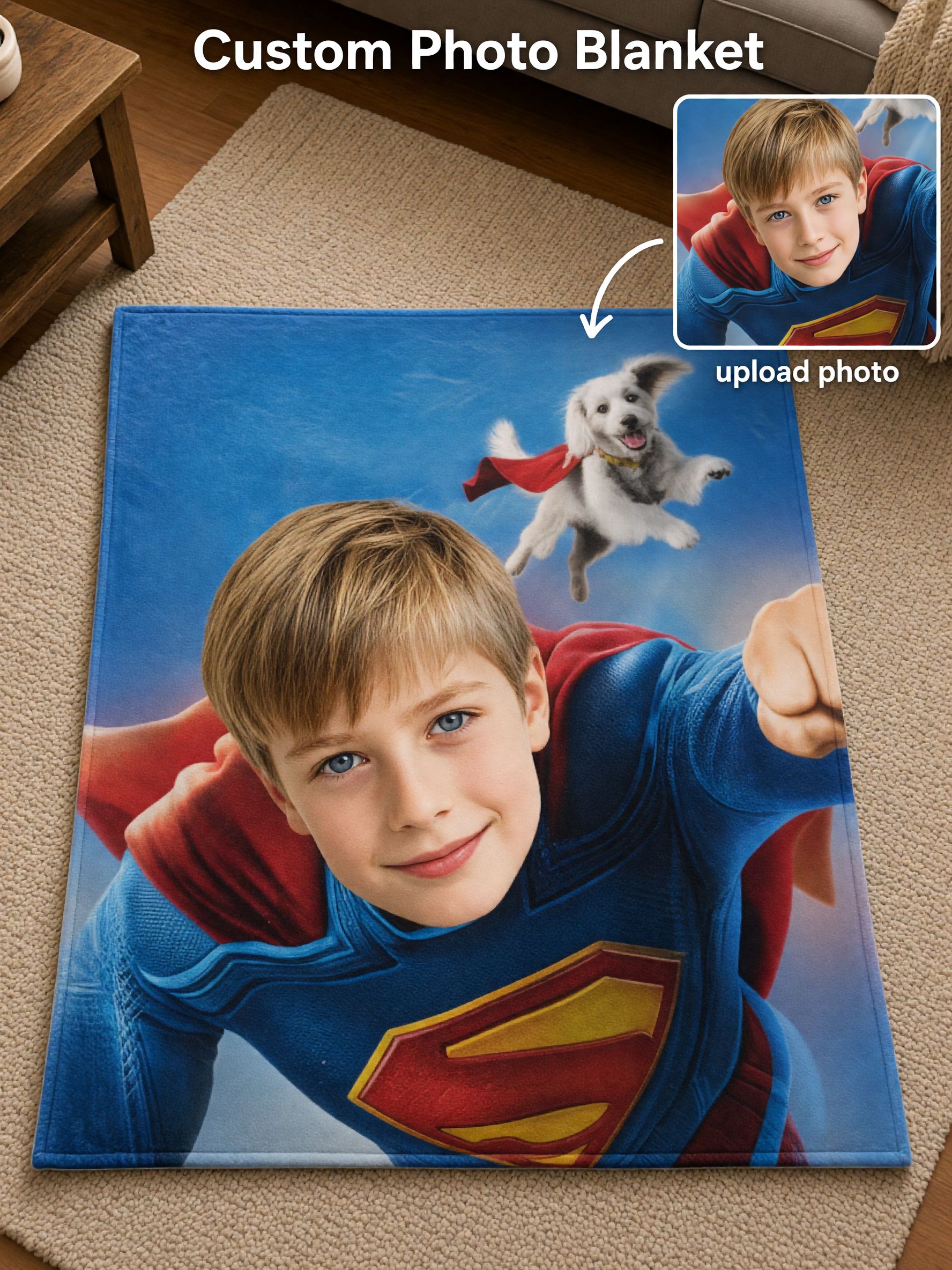 Personalized Photo Face Superhero Flannel Blanket, Ultra Soft Cozy Throw for Bed Couch, Ideal Custom Gift