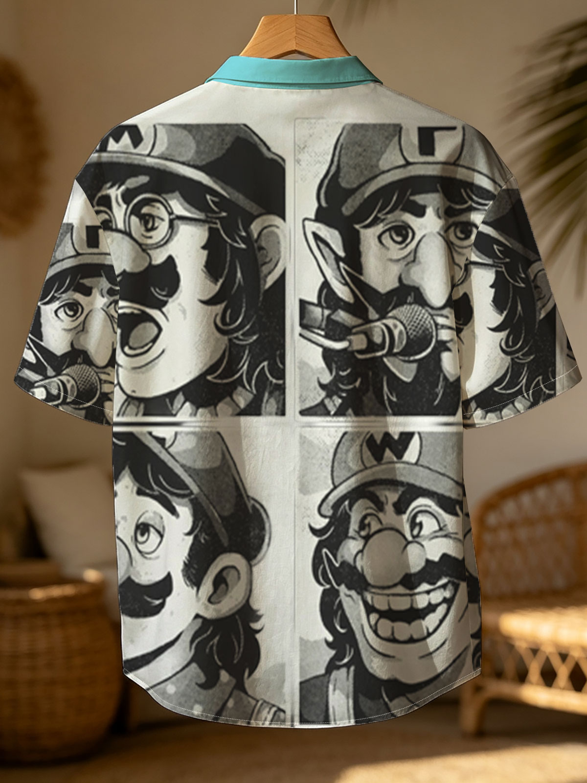 Mario, Luigi, Wario, and Waluigi in a comic-style black-and-white panel featuring expressive faces and microphones. -  Shirt