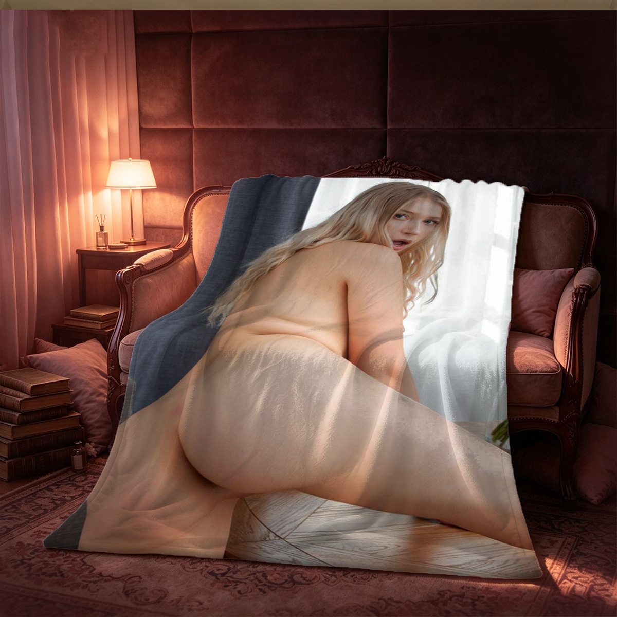 White Lace Panties and Fishnet Stockings Close-Up - Blanket
