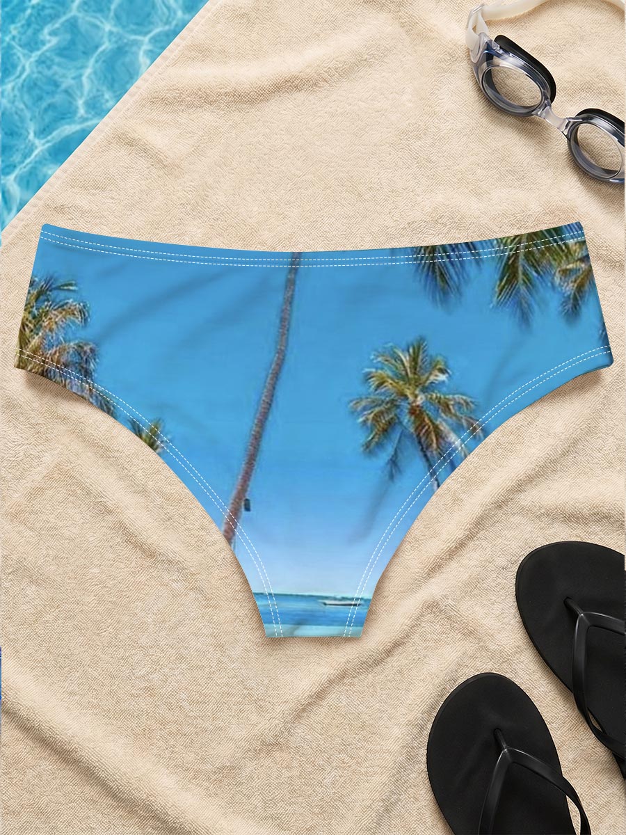 Tropical palm trees reflected in crystal-clear infinity pool under a vibrant blue sky. -  Men's swim trunks