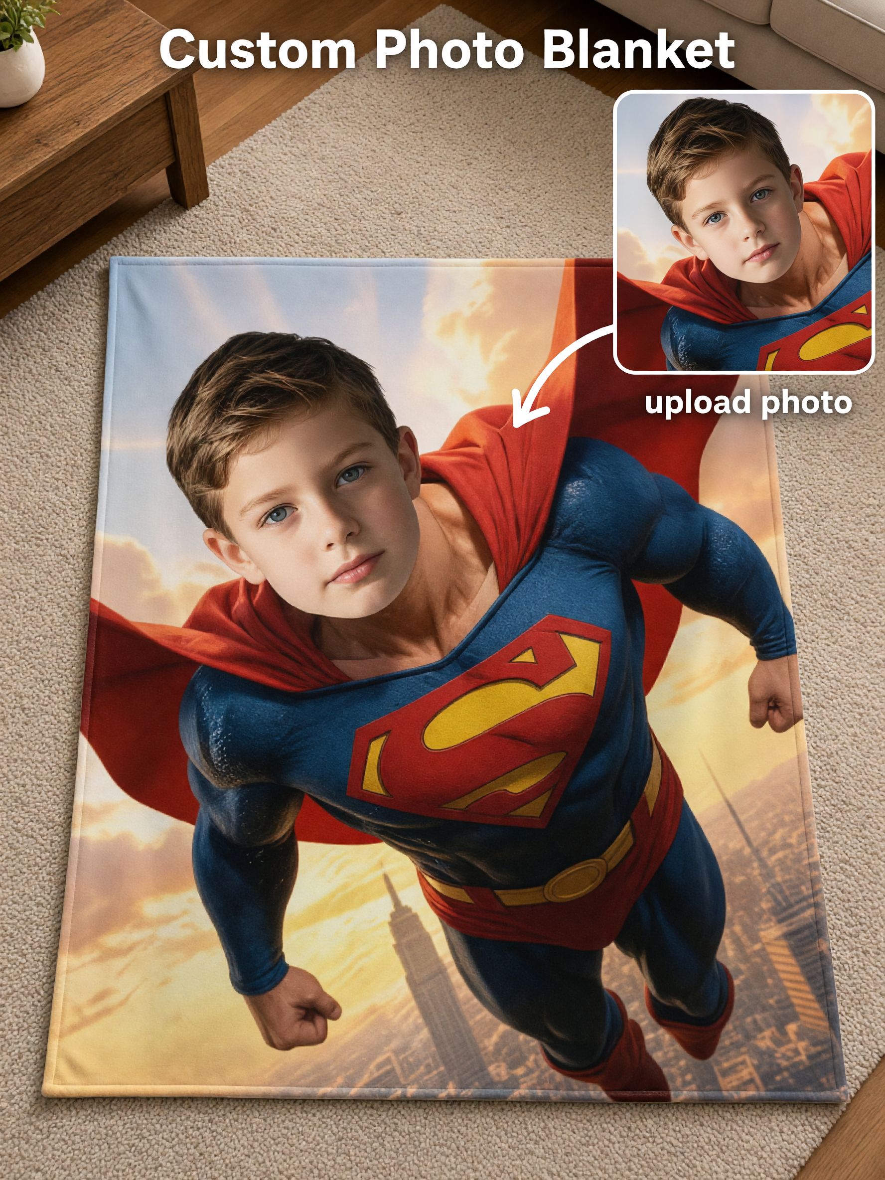 Custom Photo Superhero Face Blanket Personalized Flannel Throw Ultra Soft Plush Fleece Ideal Gift for Kids