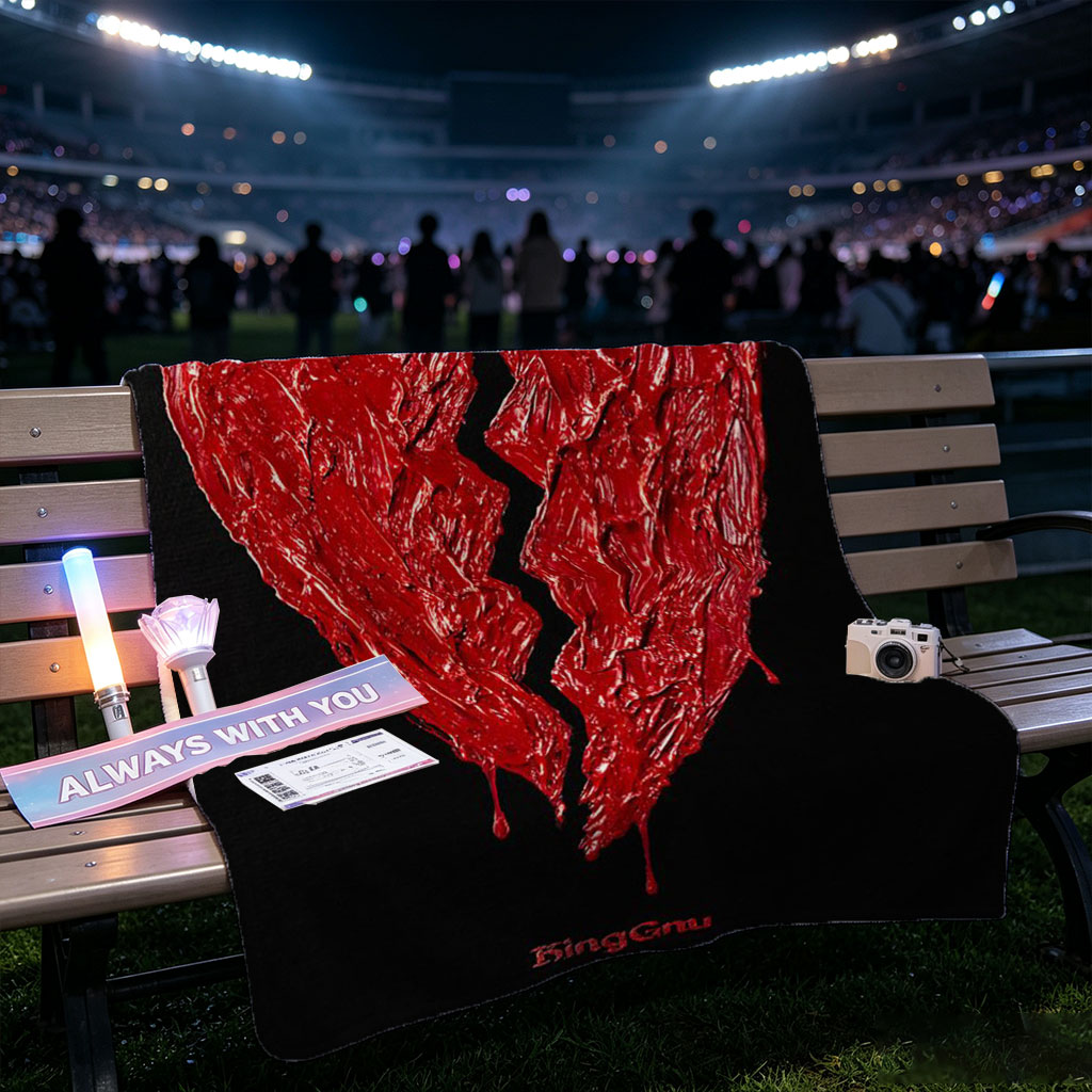 Binggnu Heartbreak Scene with Broken Red Heart on Black Background - Blankets