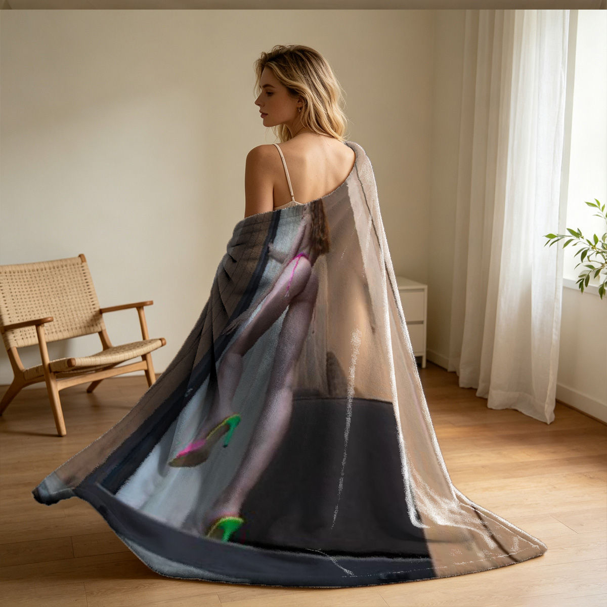 Nude Blonde on Brown Leather Couch - Blanket