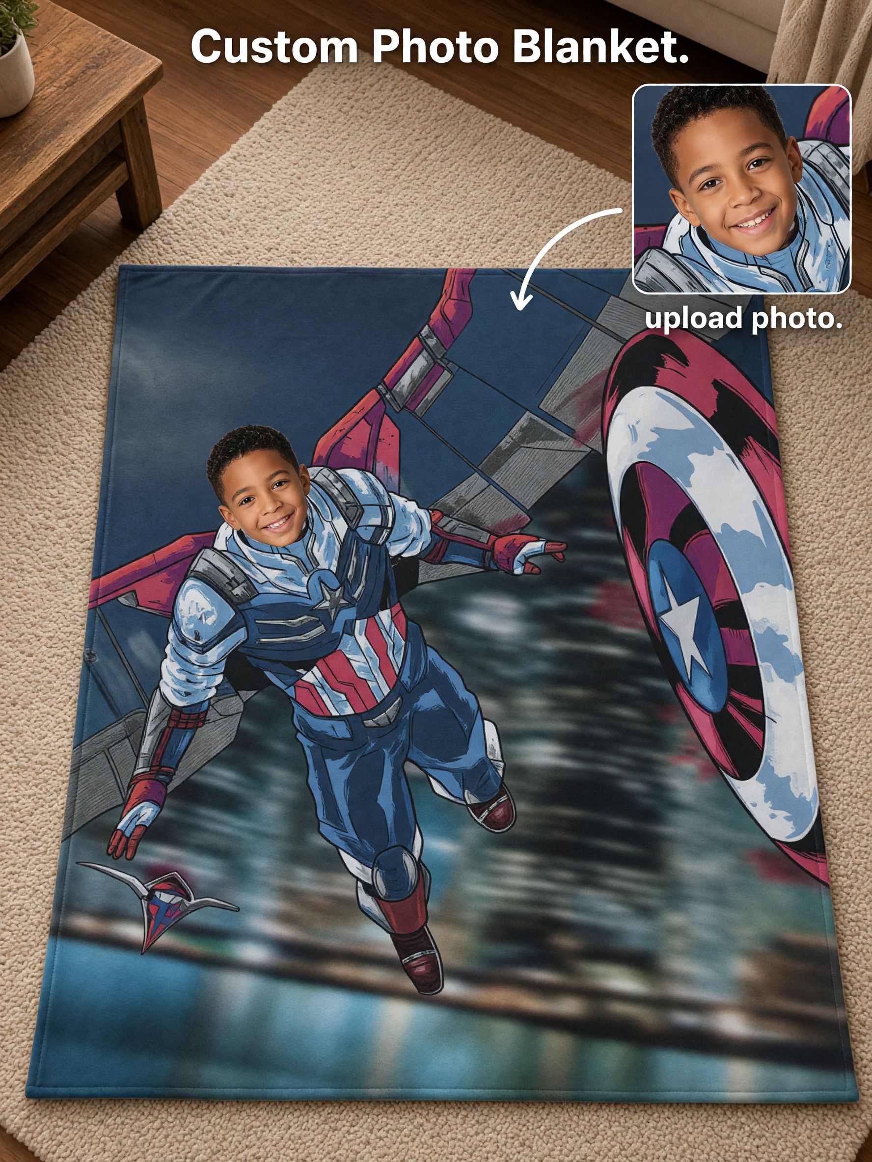 Custom Face Photo Superhero Flannel Fleece Blanket, Ultra Soft Personalized Bed Throw, Ideal Birthday Gift for Kids