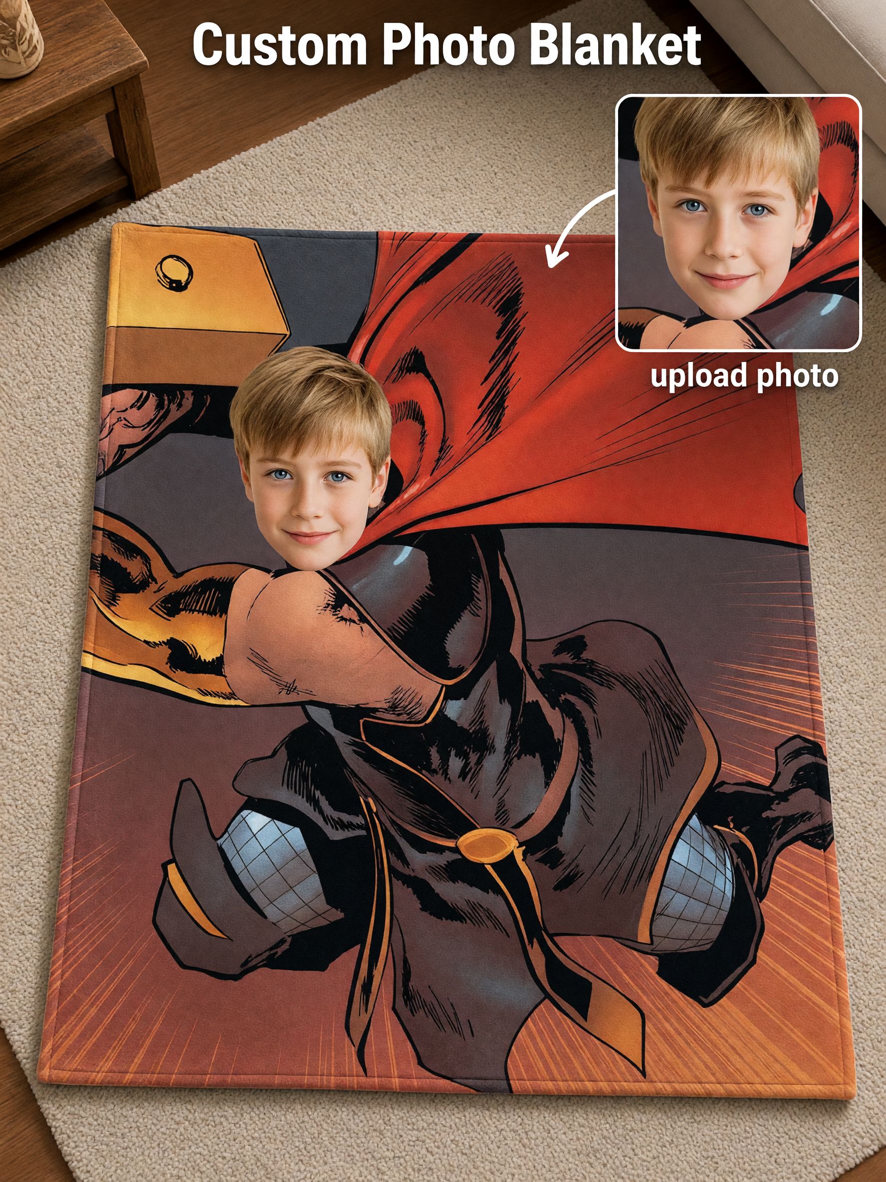Custom Face Superhero Blanket Personalized Flannel Fleece Comic Throw for Kids Couch Bed Ideal Keepsake Gift