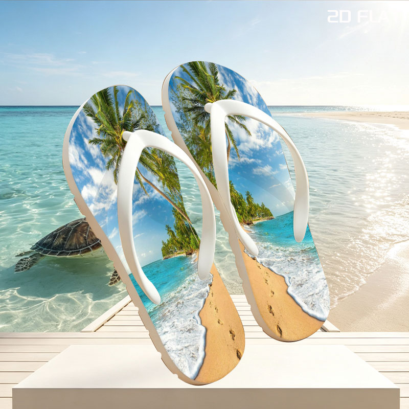 Tropical Beach with Palm Trees and Crystal Clear Water -  flip-flops