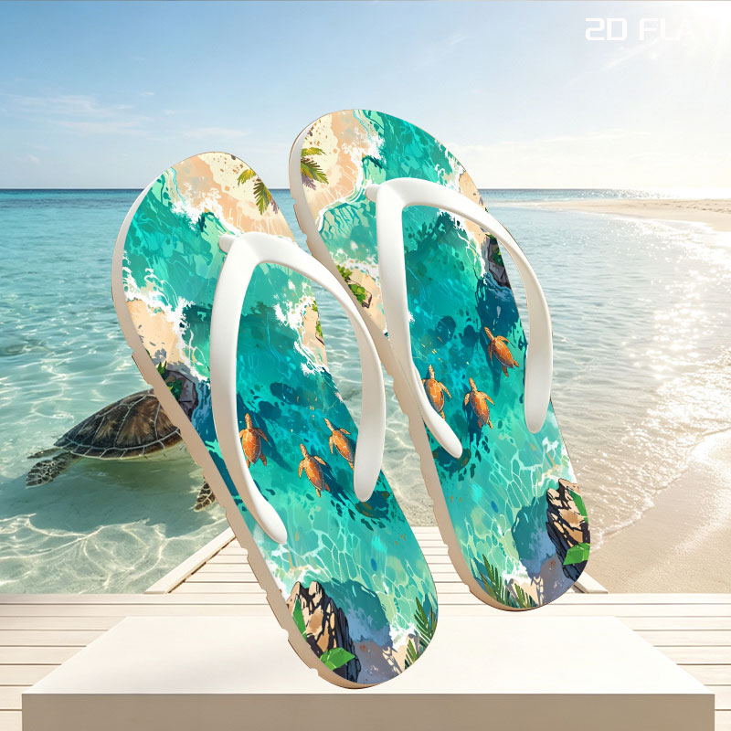 Turtles swimming in crystal-clear tropical waters near sandy shores and palm trees. -  flip-flops