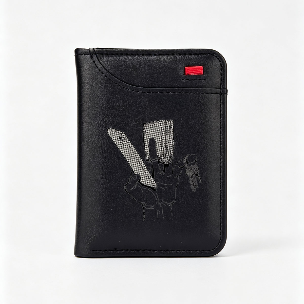 Hand Holding Knife, Shovel, and Keys - Vertical Style Wallet