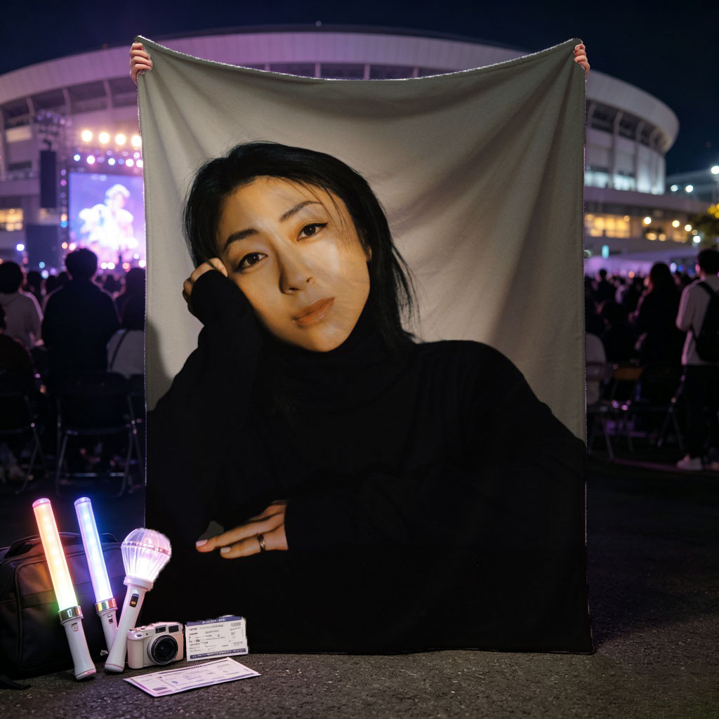 Yoko Kanno in a Moody Portrait Wearing Black Turtleneck with Dramatic Lighting - Blankets