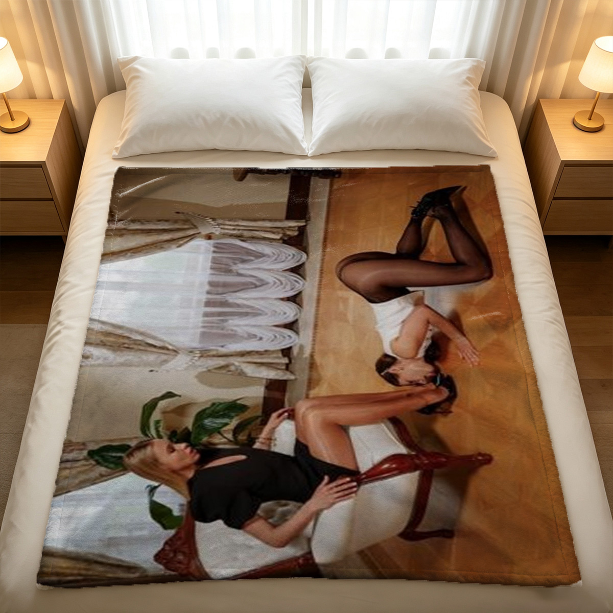Sitting in Lingerie on Wooden Chair - Blanket