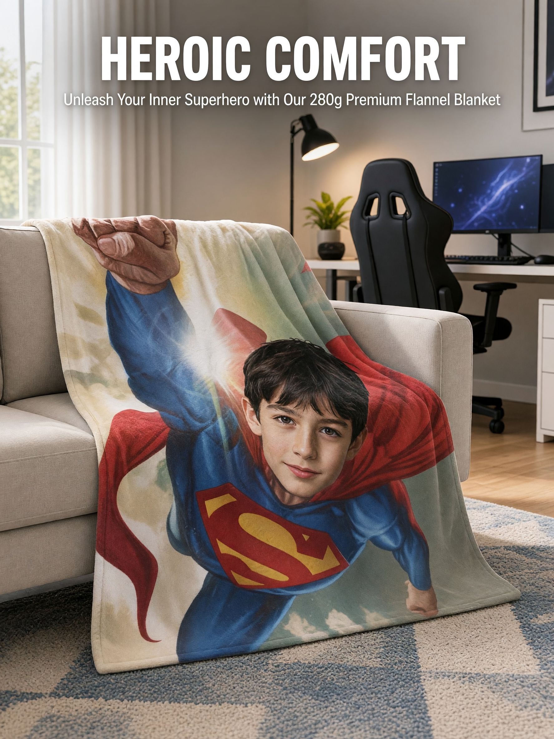 Custom Face Superhero Flannel Blanket, Personalized Photo Throw Blanket Cozy Keepsake Gift for Kids and Adults