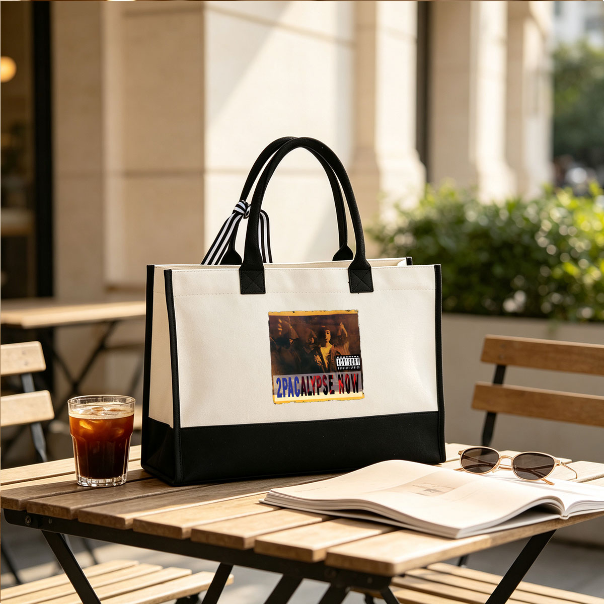 2Pac - 2Pacalypse Now Album Cover with Parental Advisory Label - Canvas patchwork gift tote bag