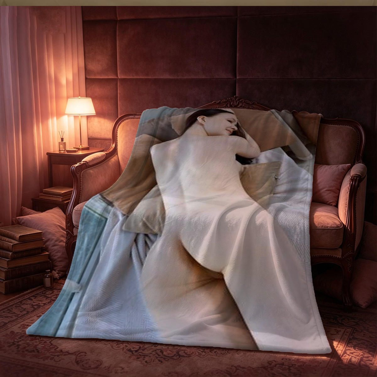 Korean Beauty in Blue Off-Shoulder Lingerie and Black Stockings Sitting Seductively on Chair - Blanket