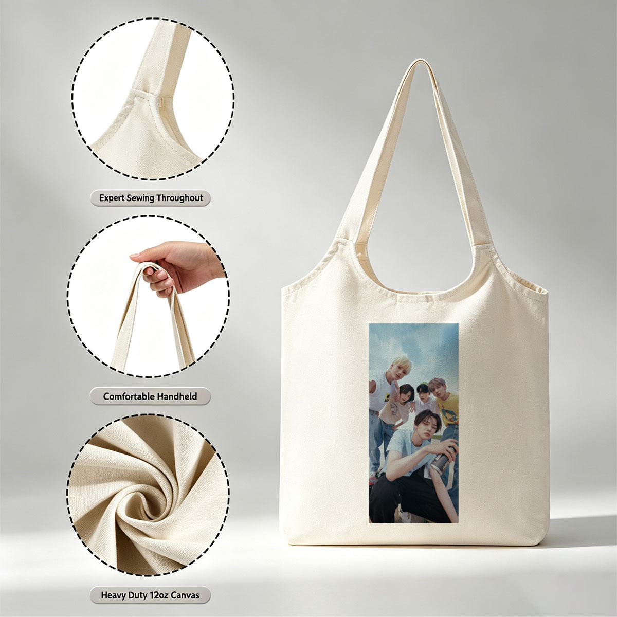 TXT Members in Casual Outfit Pose Outdoors with Cans and Expressive Gestures - Canvas shoulder bags/