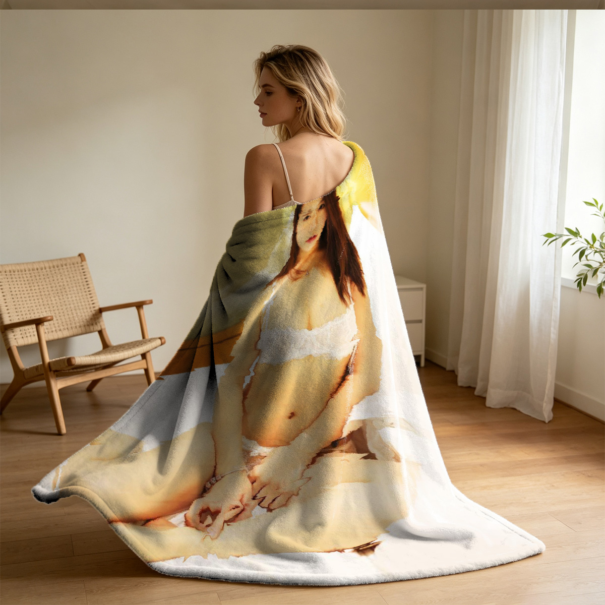 Nude model on gray couch. - Blanket