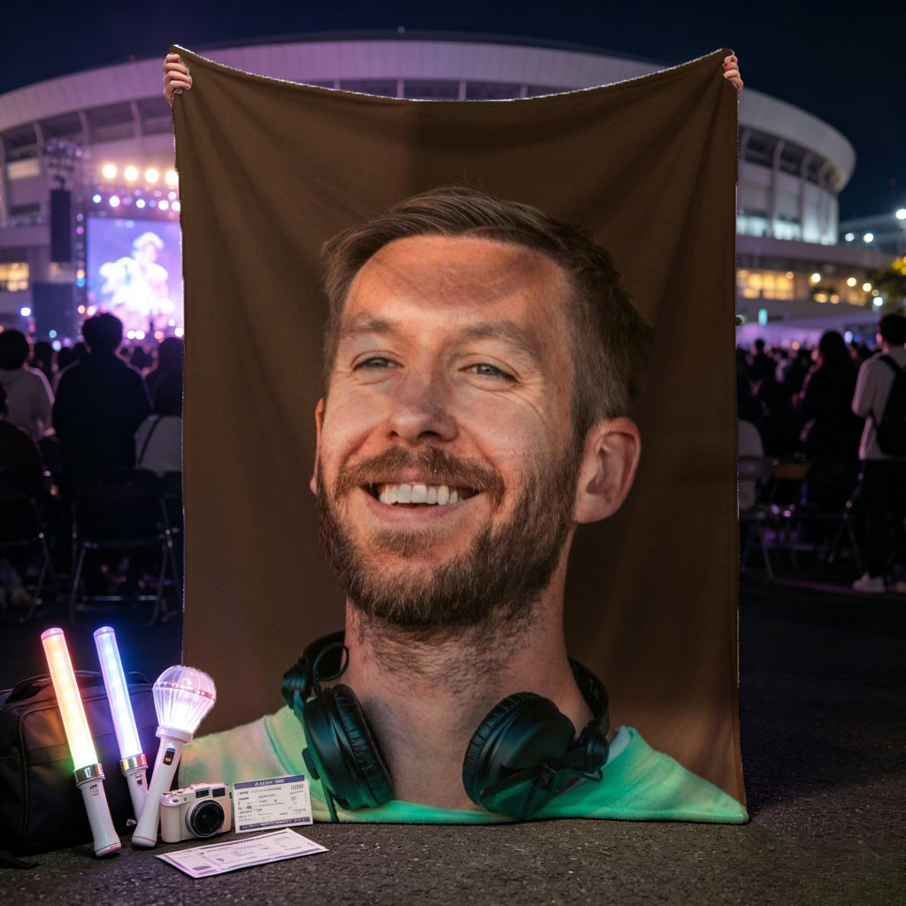 Calvin Harris at Music Festival Wearing Green Tie-Dye Shirt and Headphones - Blankets