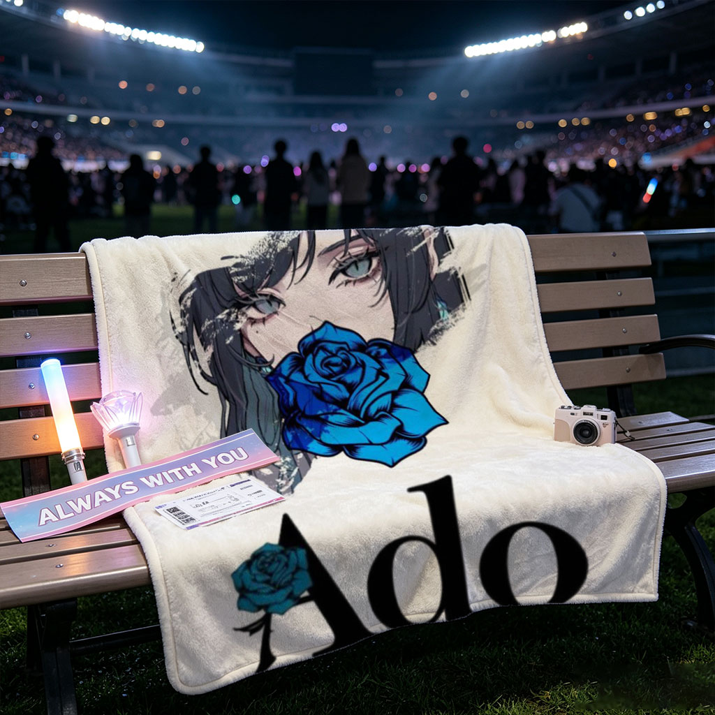 Ado in a Dramatic Portrait with Blue Rose Covering Her Mouth - Blankets