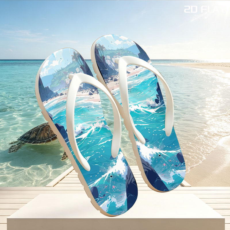 Turquoise waves crash on a rocky beach with distant city skyline and lush green hills under a bright sky. -  flip-flops