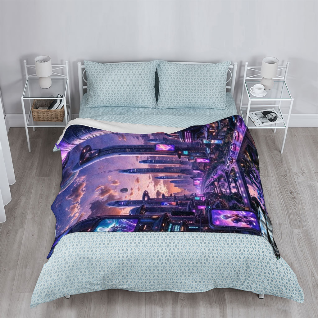 Taylor Swift in Futuristic Cityscape - Neon-Lit Metropolis with Hovering Cars and Giant Moon in the Sky - Blankets
