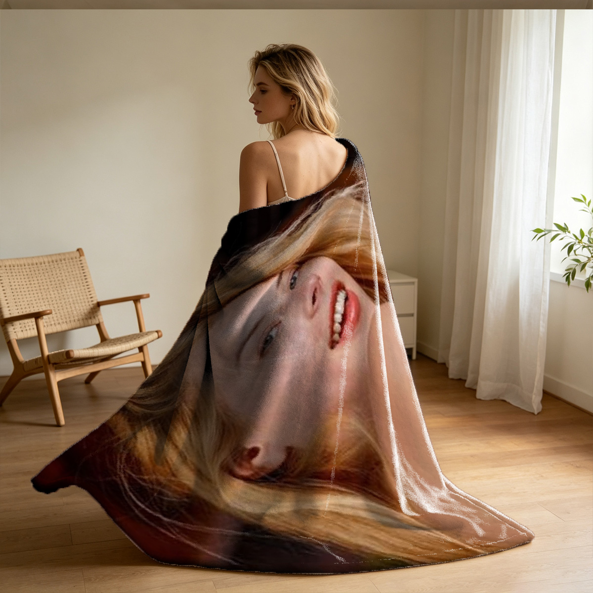 A woman with glasses in a white off-shoulder top and leopard print panties kneeling on a bed. - Blanket
