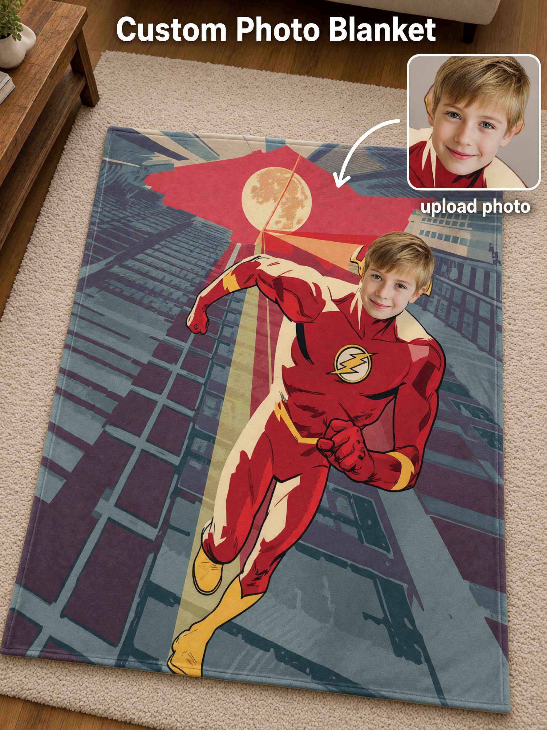 Custom Face Superhero Blanket Personalized Comic Book Flannel Throw Lightweight Cozy Fleece Bed Sofa Blanket for Kids