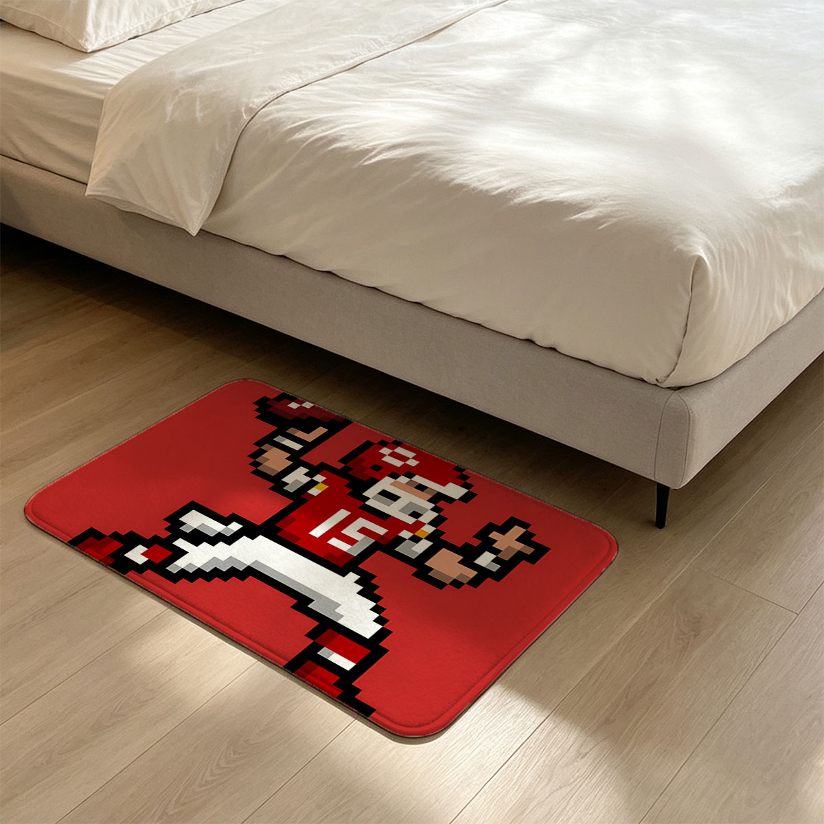 Pixel Football Player in Red Uniform, Number 15, Celebrating with Ball - Flannel floor mat