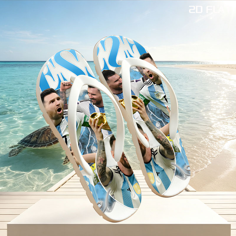 Lionel Messi Celebrates Argentina's Victory with the World Cup Trophy -  flip-flops