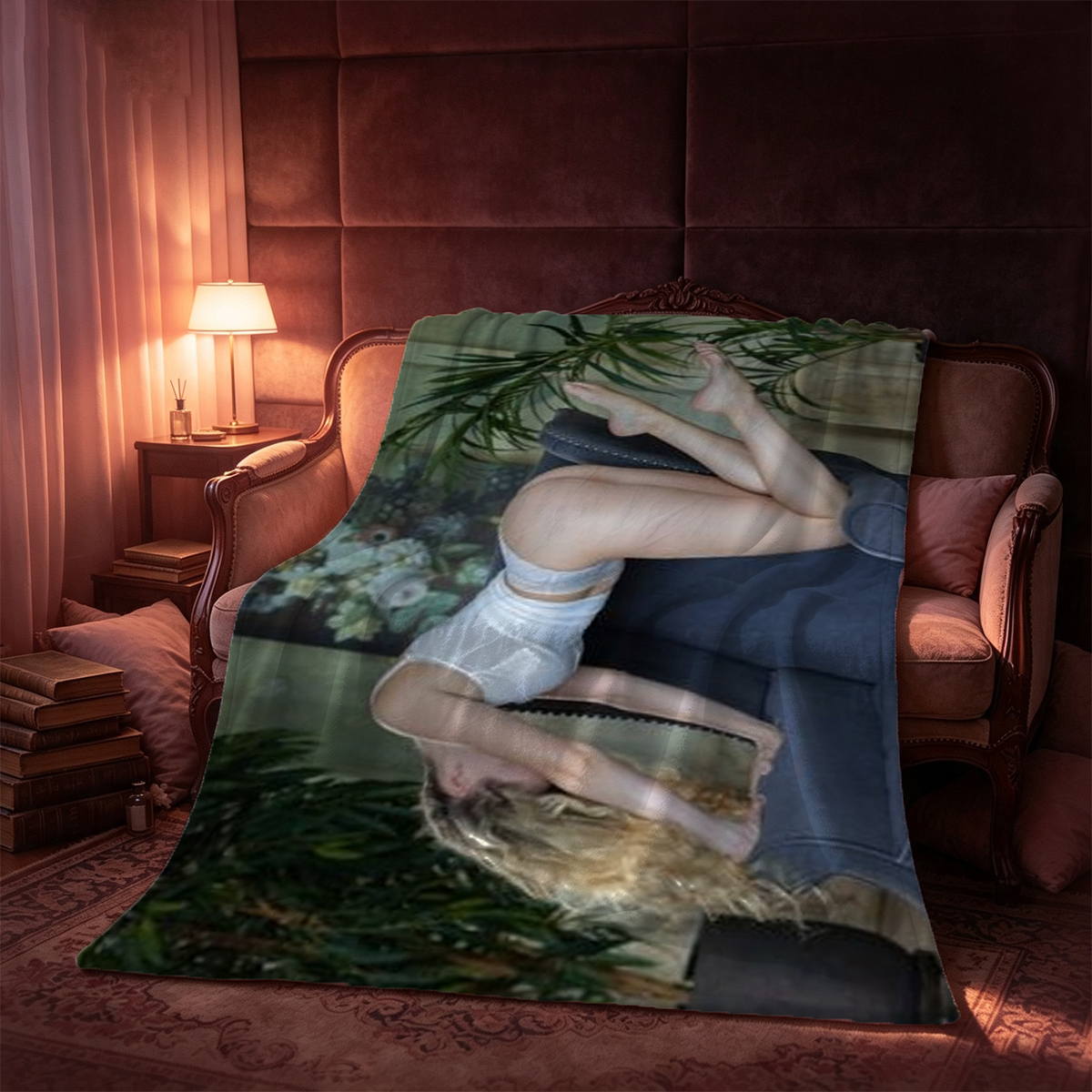 Blonde beauty in green lace lingerie with pink lily in hair. - Blanket