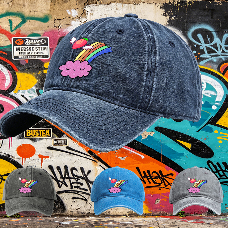 Unisex Classic Washed Cap with Flying Strawberry Rainbow Cloud Print - Perfect for Casual Outings, Travel, and Everyday Wear - Ideal for Teens and Young Adults Seeking Fun, Colorful Streetwear Style