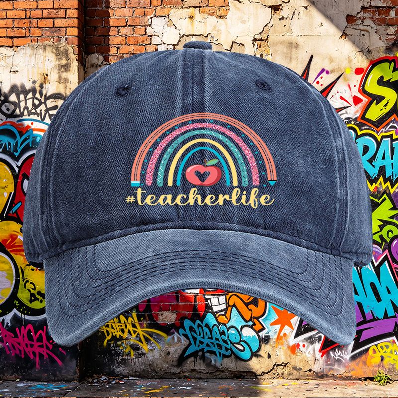 Unisex Classic Washed Hat with Rainbow Apple Print and #teacherlife Text – Perfect for Teachers, Educators, and School Events – Ideal Gift for Teaching Professionals