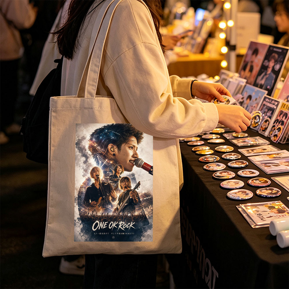 ONE OK ROCK Live Concert Performance with Band Members on Stage and Crowd in the Background - Canvas tote bags
