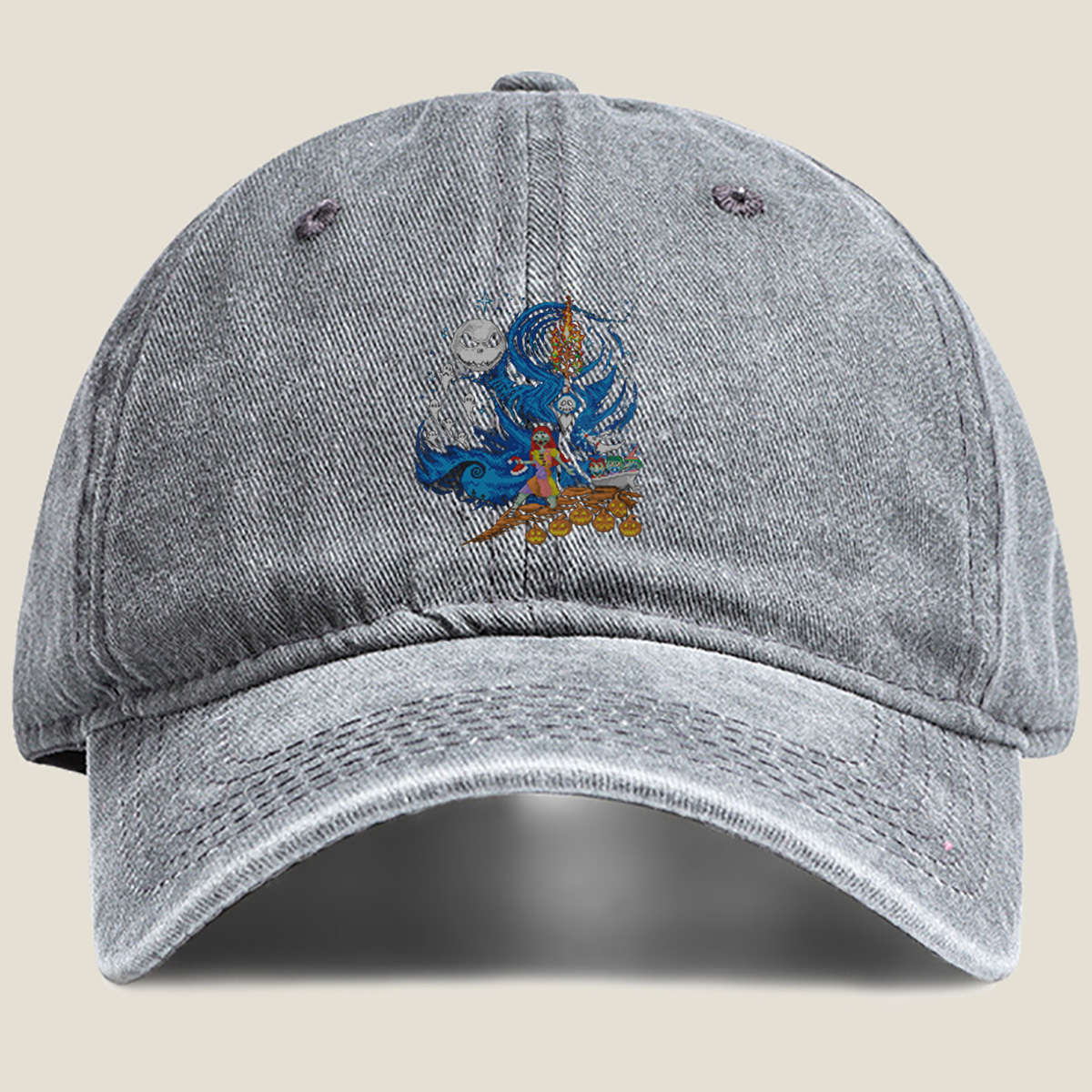 The Nightmare Before Christmas: Jack Skellington and Sally in a Magical Night Scene - Washed Denim - Baseball Cap