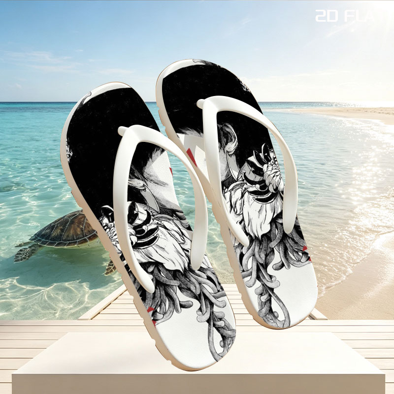 Geisha with Chrysanthemum and Red Accents -  flip-flops
