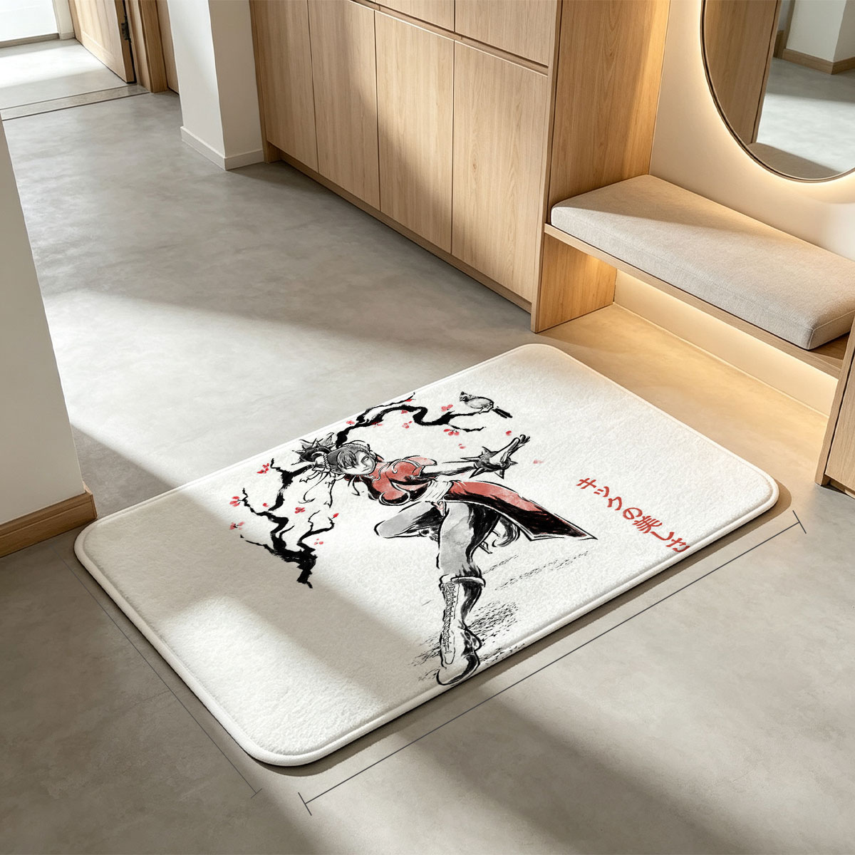 Chun-Li from Street Fighter in a dynamic kick pose with cherry blossoms and a bird, showcasing martial arts elegance - Flannel floor mat