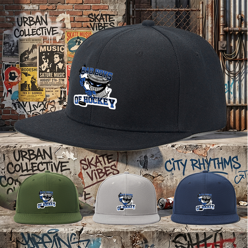 Flat Brim Baseball Cap Bad Boys of Hockey Trash Can Mascot Design Streetwear Underground Skate Style for Hockey Rink Skate Park Urban Athletes and Streetwear Enthusiasts