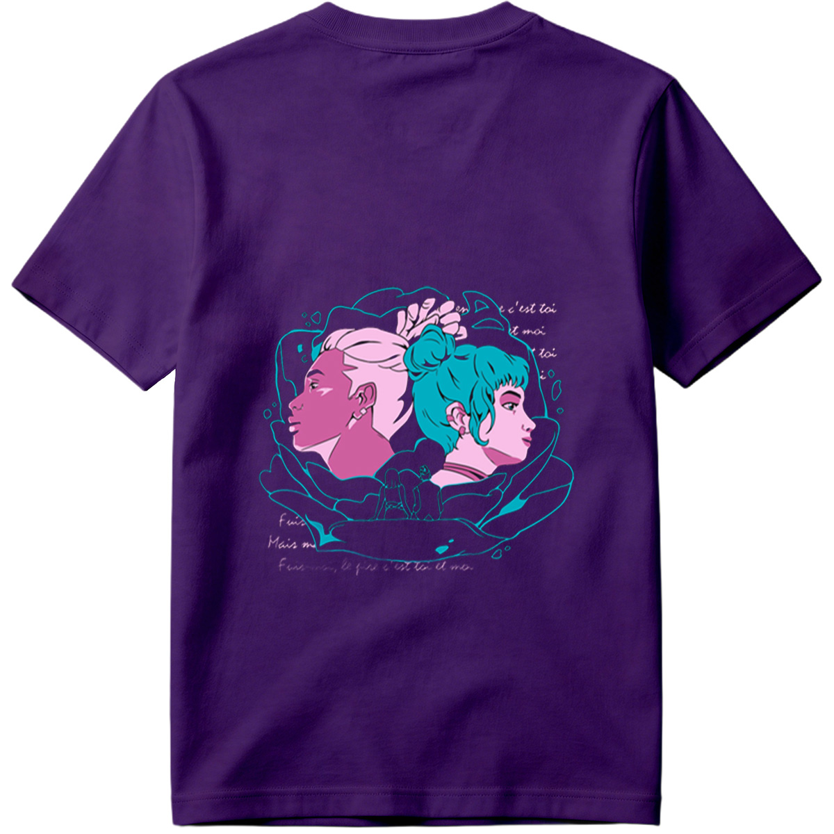 Two Women in Profile: A Stylized Artwork Featuring Pink and Teal Hair with French Text - Tee