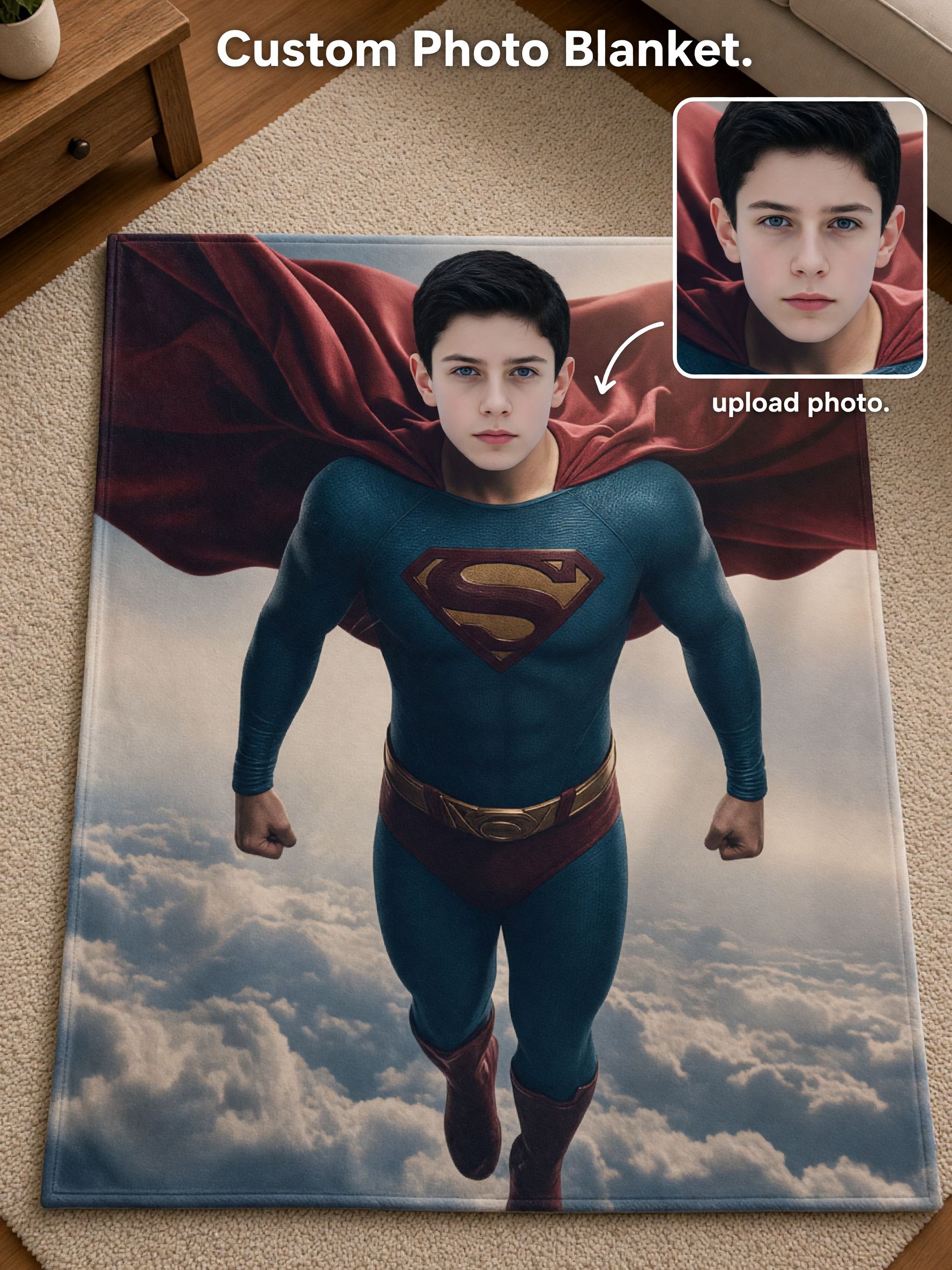 Custom Photo Superhero Flannel Fleece Blanket, Personalized Face Throw Blanket, Skin Friendly Warm Plush Quilt for