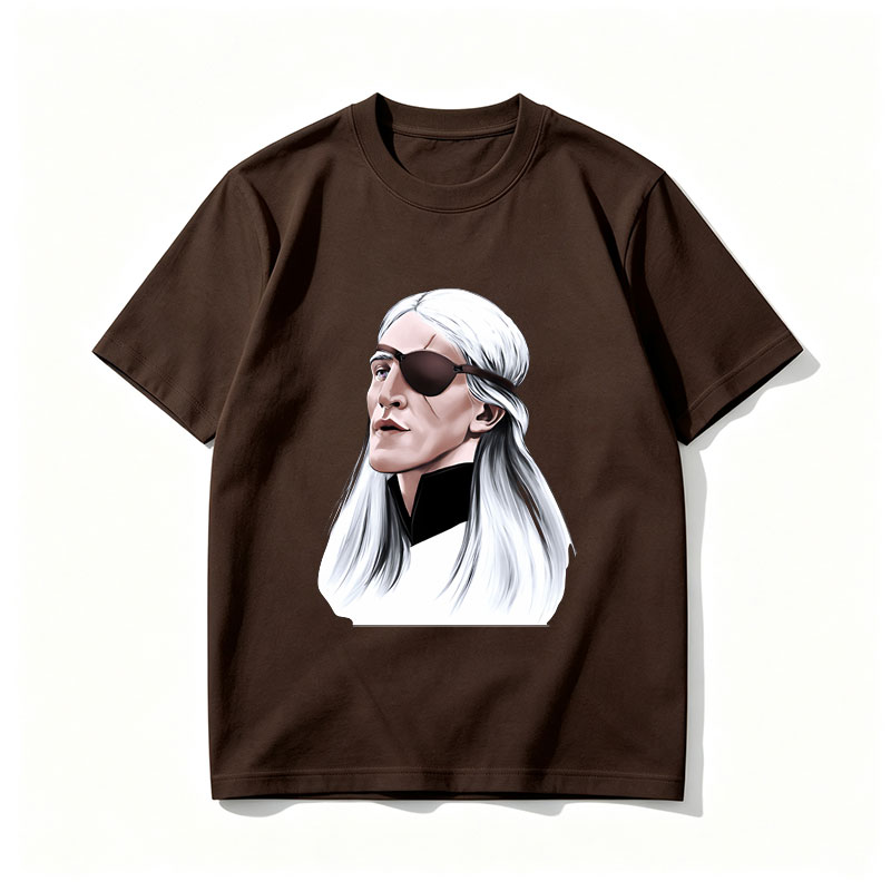 White-Haired Man with Eye Patch, Long Hair, Dark Clothing, Profile View - Tee