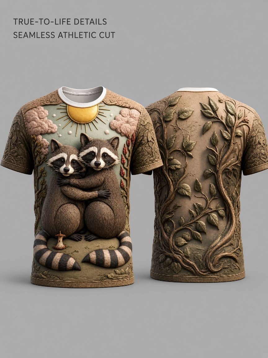 Hugging Raccoons Wood Carving 3D Optical Illusion Graphic Tee Breathable Athletic Mesh T-Shirt Casual and Sports Wear