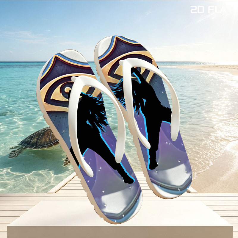 Silhouette of a dancer in front of an eye emblem, cosmic background -  flip-flops
