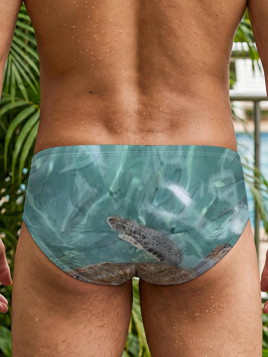 Sea turtle swims gracefully in clear turquoise waters at Playa Grandi. -  Men's swim trunks
