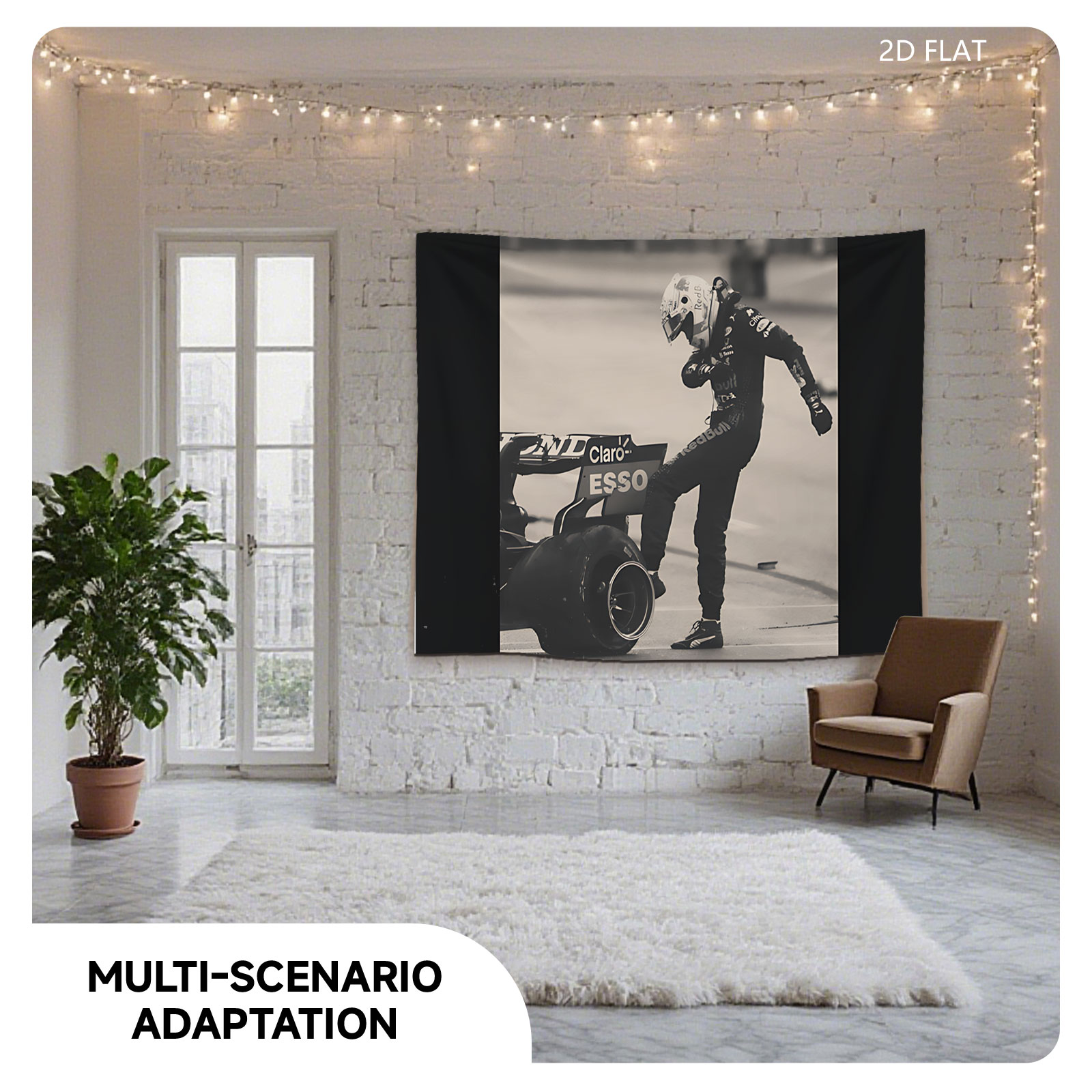 F1 Driver in Red Bull Racing Suit Leaning on Car - Tapestry
