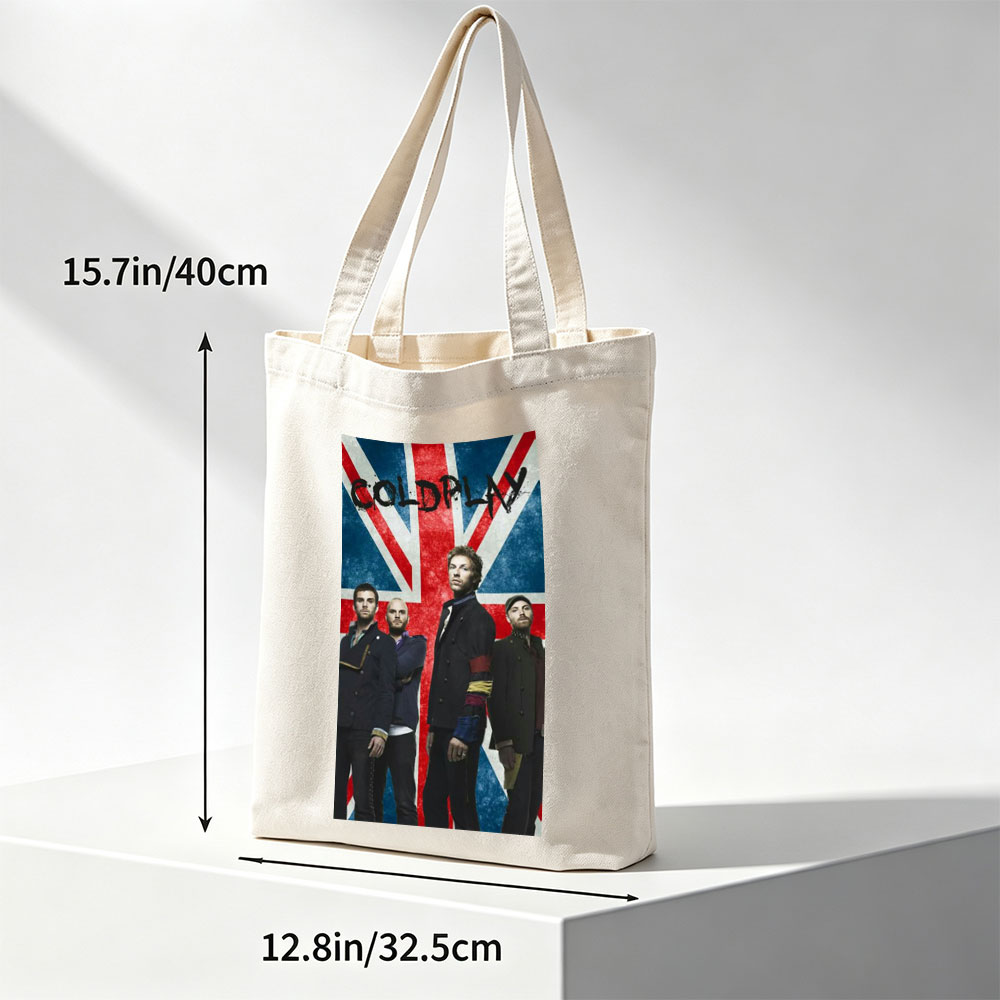 Coldplay Band Members Standing in Front of a British Flag Background - Canvas tote bags