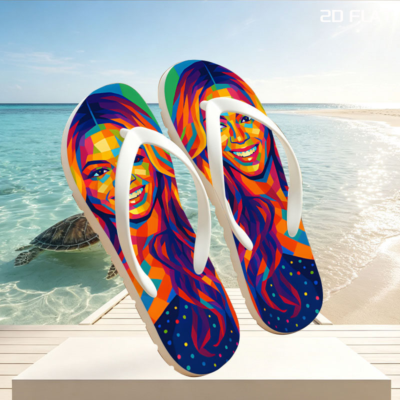 Colorful Portrait of a Smiling Woman with Vibrant Geometric Patterns -  flip-flops