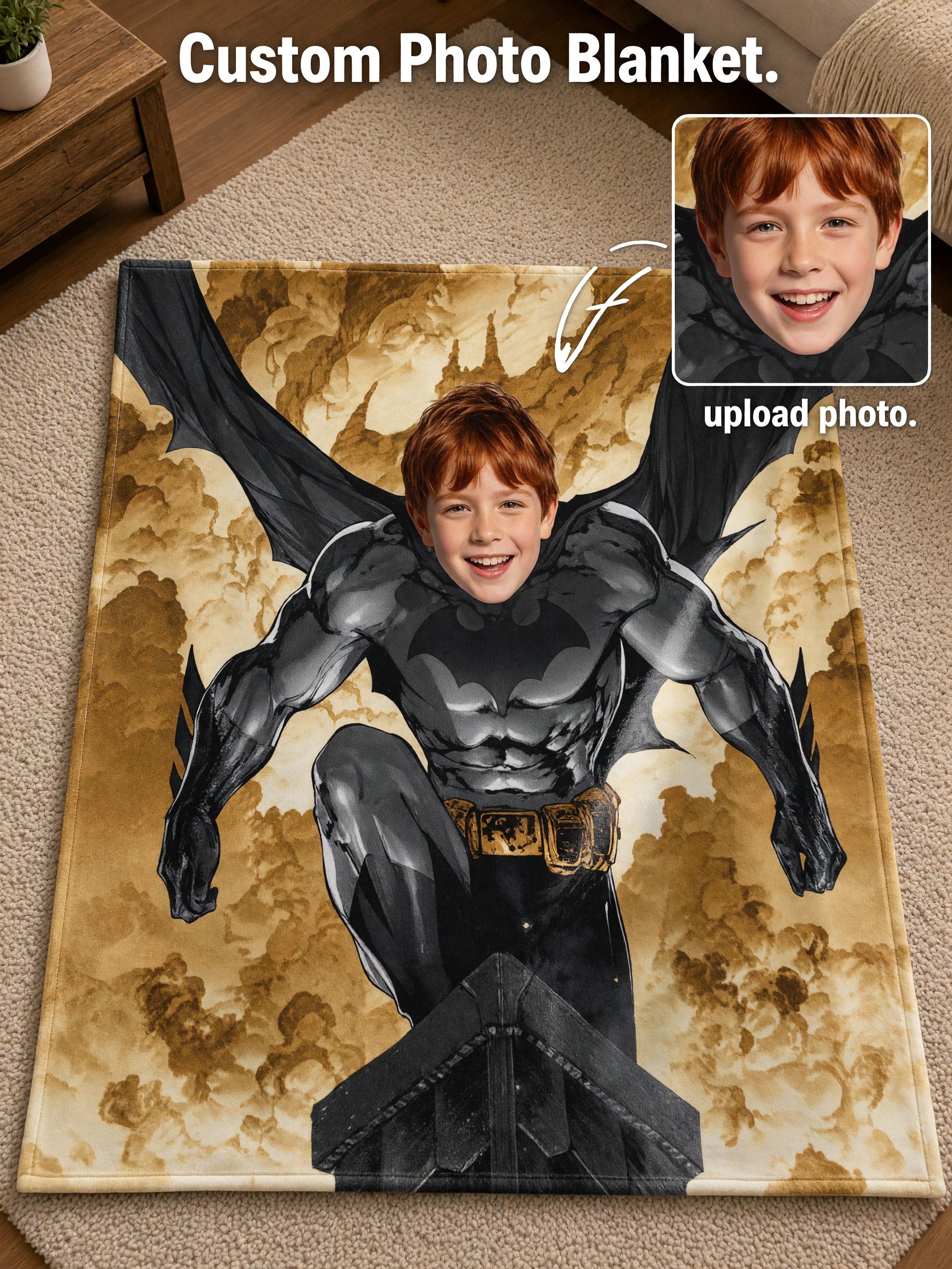 Personalized Superhero Face Blanket, Custom Photo Soft Flannel Throw for Kids and Adults, Cozy Bed Couch Keepsake Gift