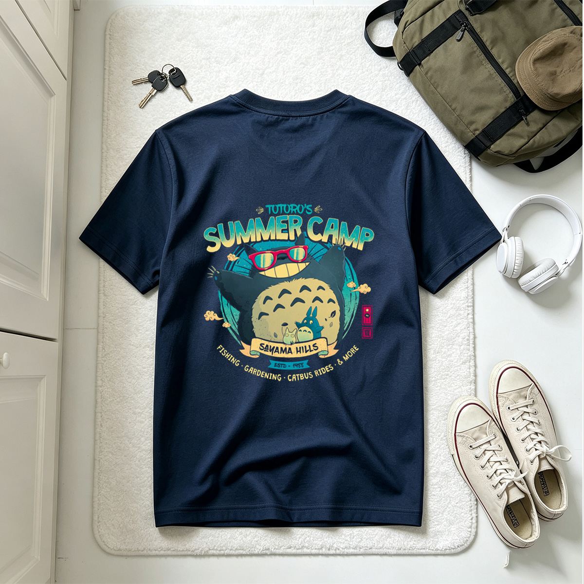 Totoro's Summer Camp: Totoro, Small Totoros, and Catbus - Tee