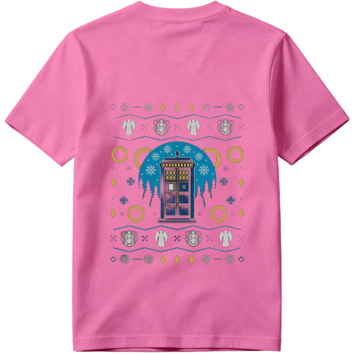 Doctor Who Christmas Sweater Design Featuring TARDIS, Weeping Angels, and Cybermen - Tee