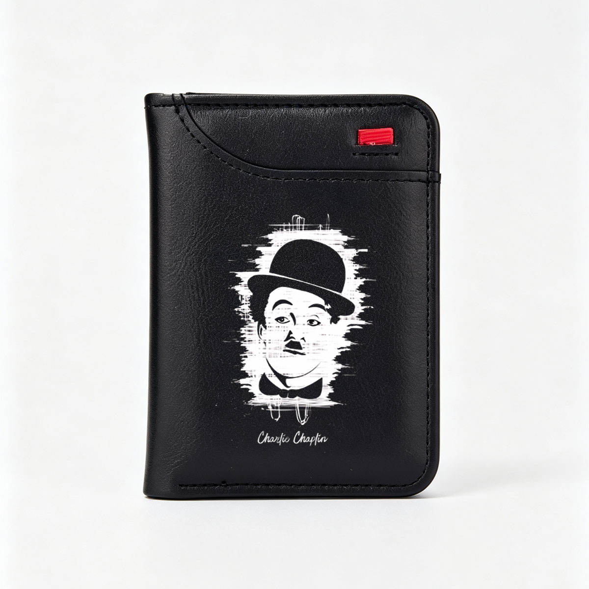 Charlie Chaplin in Classic Bowler Hat and Mustache Portrait - Vertical Style Wallet