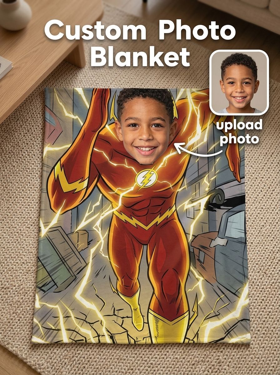 Custom Photo Superhero Flannel Blanket Ultra Soft Personalized Face Throw Fleece Blanket for Kids Boys Birthday Gift